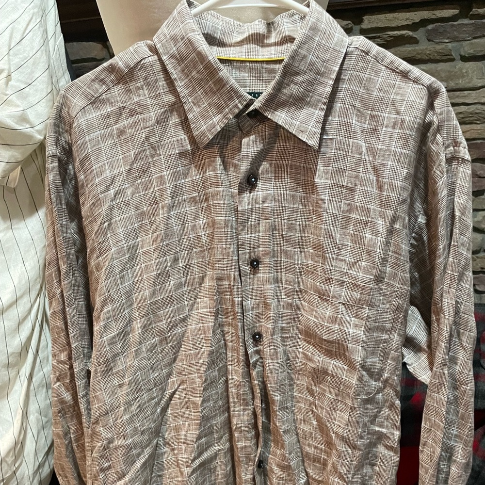 Robert talbott Men's Brown Plaid Button-Up Shirt 100% linen